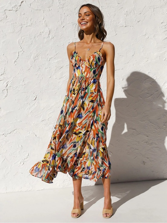 Commense Dresses & Skirts - Med- Commense Multi-Color Printed Spaghetti Strap Midi Dress - Orange Blue Green